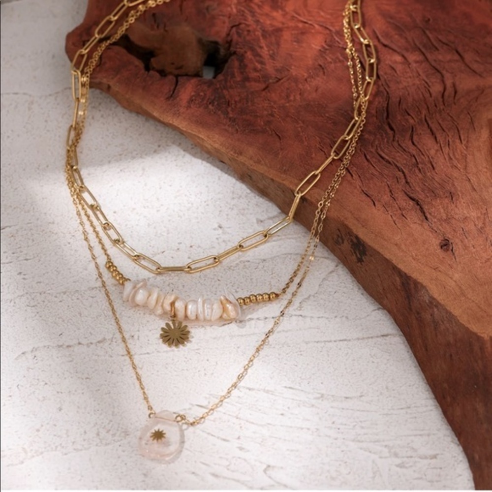 18K Gold Plated Layered Fresh Water Pearl Sun Pendant Necklace